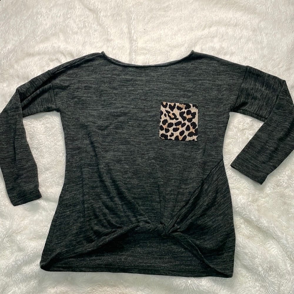 First Love Gray long sleeve with cheetah print pocket